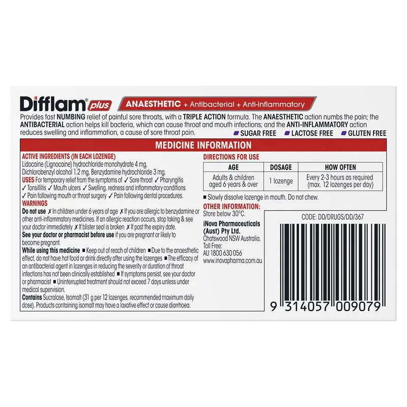 Difflam Plus Anaesthetic Sugar Free Blackcurrant 16 Lozenges ...
